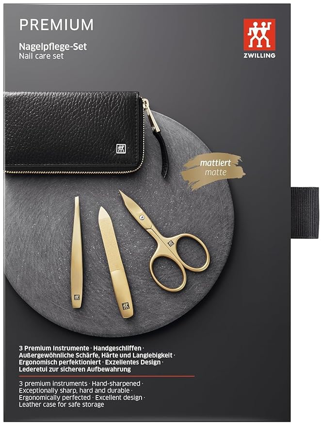 TWINOX Manicure Set 3-piece, Gold Edition, Care for hands and feet with nail clippers, Stainless steel, Black