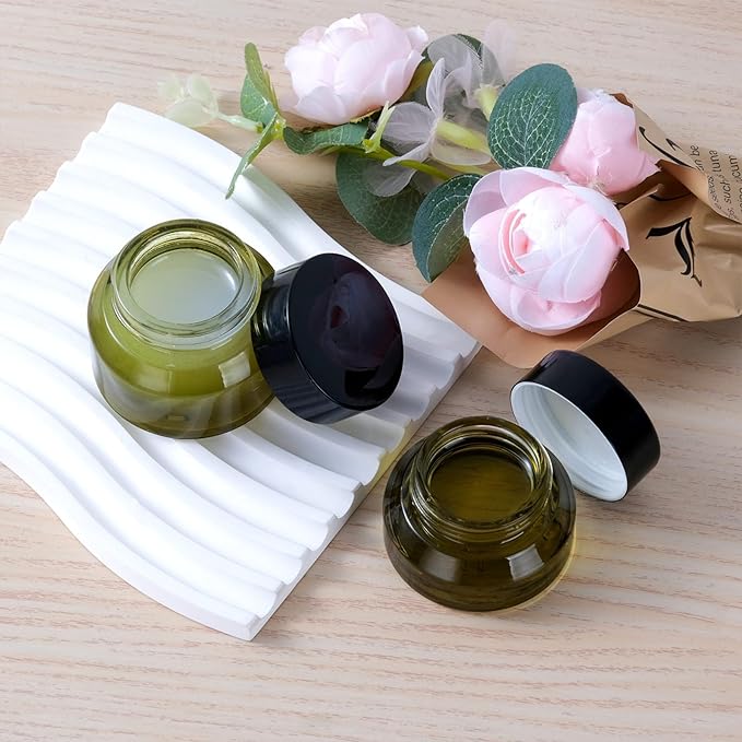 12 pack Glass Cosmetic Jars with Lids Small Lotion Containers for Traveling Green Empty Skincare Container for Face Cream Toiletries Makeup (0.5oz)