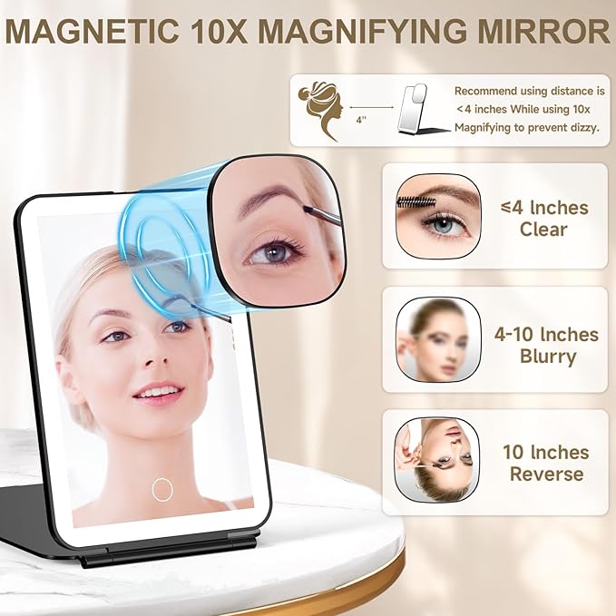 LED Foldable Travel Makeup Mirror - 5x7 inches 3 Colors Light Modes USB Rechargeable Touch Screen, Portable Tabletop Cosmetic Mirror for Travel, Cosmetic, Office (Black)