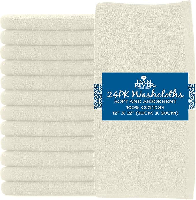 DAN RIVER 100% Cotton Washcloths 24 Pack Premium Quality Face and Body Cloth, Quick Dry Essential Towels for Bathroom, Hand, Kitchen & Cleaning, Baby Washcloths | 12X12 in | 400 GSM | Ivory