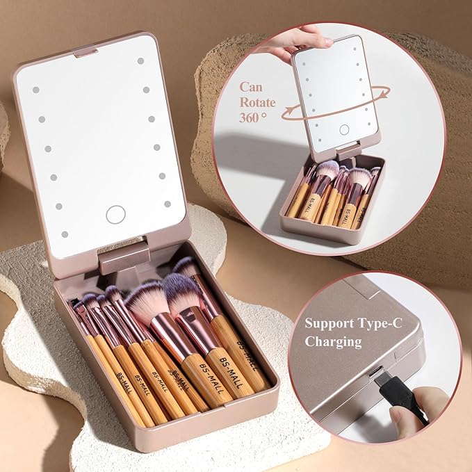 BS-MALL Travel Makeup Brush Set Foundation Powder Concealers Eye Shadows Makeup Set with LED light Mirror 14 Pcs (B-Bamboo)