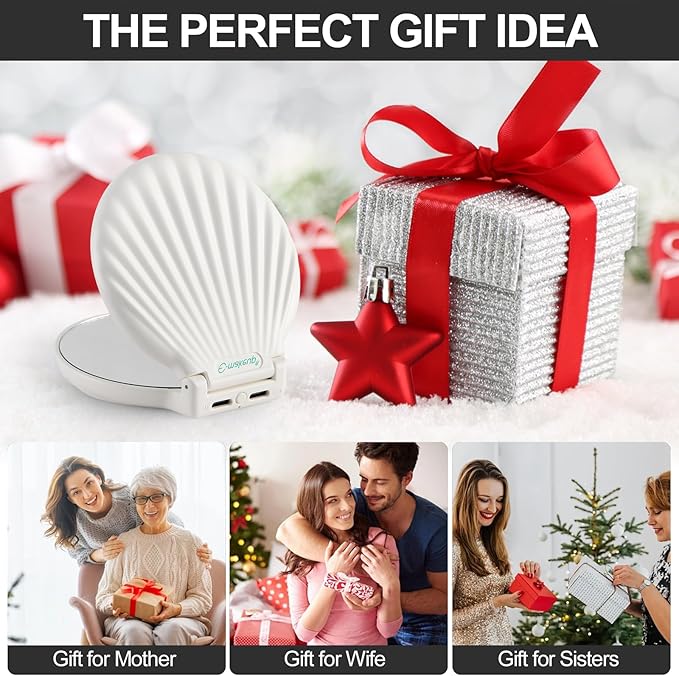 Shell Compact Mirror with Light, 2X / 10x Magnifying Travel Mirror with Light, Small Pocket Mirror, 2-Sided, Folding, Handheld, Dimmable Led Mirror, Unique Gift, White