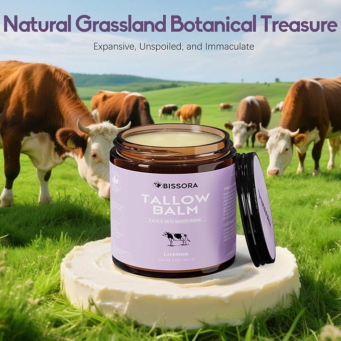Beef Tallow for Skin, Organic Grass-Fed Beef Tallow Balm with Raw Honey & Jojoba Oil - Whipped Moisturizer for Face & Body - All-Natural Skin Care for Soft, Hydrated Skin (5 OZ, Lavender)