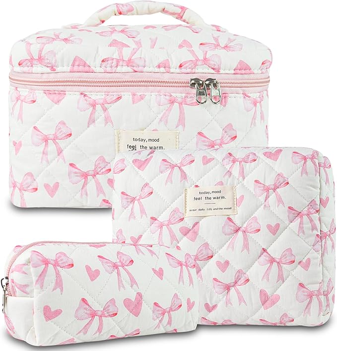 3Pcs Makeup Bag Cotton Quilted Travel Cosmetic Bag Cute Floral Makeup Pouch Large Toiletry Bag for Women Girls (Bow-Pink5)