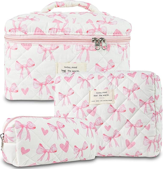 3Pcs Makeup Bag Cotton Quilted Travel Cosmetic Bag Cute Floral Makeup Pouch Large Toiletry Bag for Women Girls (Bow-Pink5)