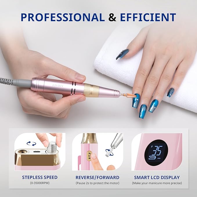 AIRSEE Professional Portable Nail Drill 35000RPM,Rechargeable Cordless Nail Drill for Manicure Salon Home, Eletric Nali E File for Acrylic Nails Gel Polishing Removing, EW4 Pink
