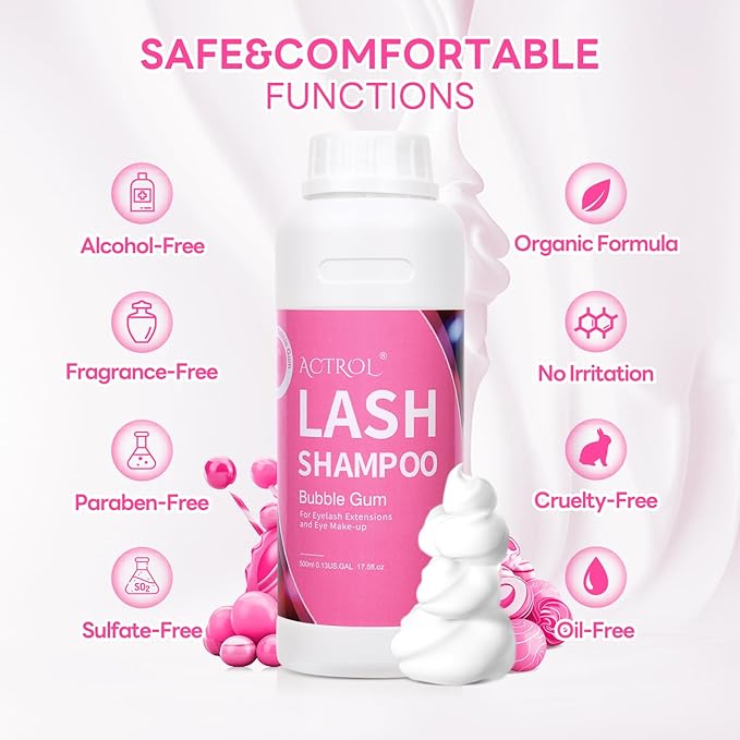 Eyelash Extension Cleanser Bubble Gum 500ml Natural Lash Extension Shampoo Professional Eyelid Foaming Cleanser Paraben & Sulfate Free Non-lrritating with Salon and Home Care