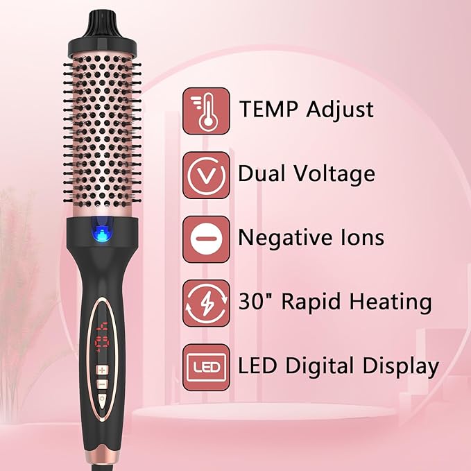 New Upgrade 1.5 Inch Thermal Brush Create Loose & Volume Curls Digital Display 9 Heat Settings Tourmaline Ionic Hair Curler 1 1/2 Inch Curling Iron Brush Dual Voltage for Traveling