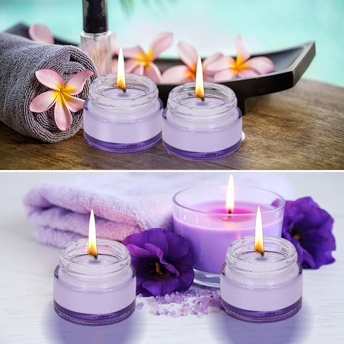 Domensi 60 Pcs 1oz Glass Jars with Lids Bulk Salve Tins Small Glass Candle Cosmetic Jars for Travel with Inner Liners Containers for Lotions Sample Cream(Light Purple, White Lids)