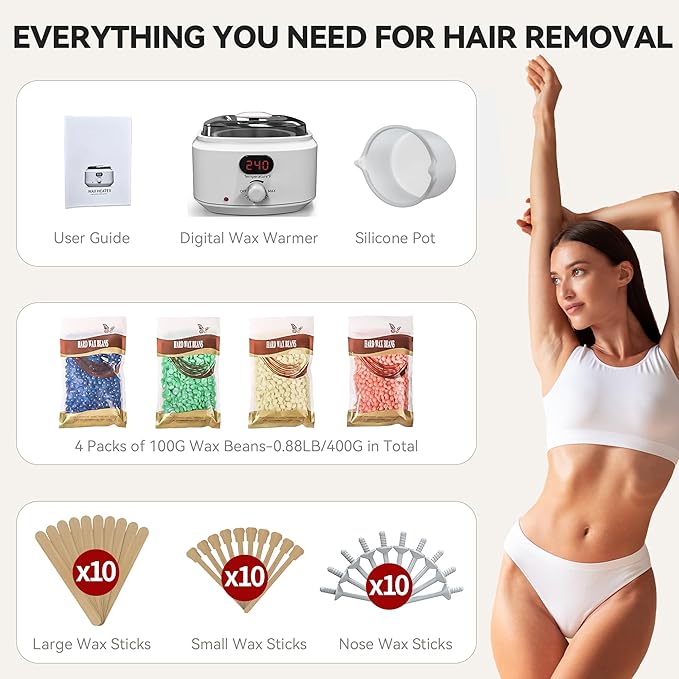 Waxing Kit for Women Men, Digital Wax Kit with Silicone Bowl & 4 Bags Hard Wax Beads, Portable Wax Warmer for Sensitive Skin Full Body Hair Removal, Brazilian Bikini, Eyebrow, Face (White)