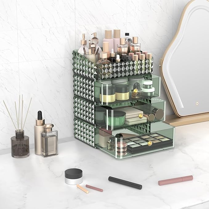 Makeup Organizer for Vanity, Stackable Cosmetics Organizer and Storage, Cosmetic Display Cases with 3 Drawers and 1 Tray for Makeup Brush, Hair Accessories, Lipstick and Jewelry, Green