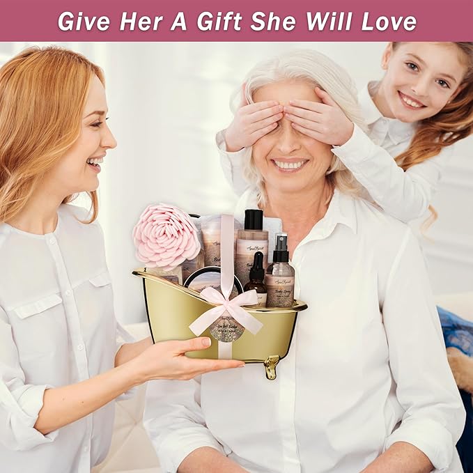 Spa Gift Baskets For Women - Luxury Bath Set With Rose Oil & Orchid - Spa Kit Includes Body Wash, Bubble Bath, Lotion, Body Butter, Soap, Body Spray, Shower Puff, and Towel