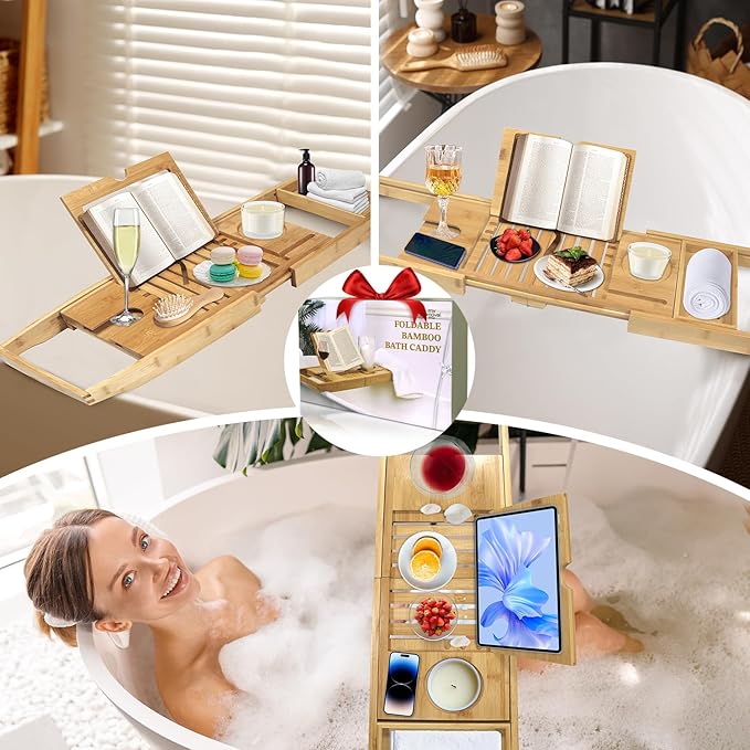 Bathtub Tray, Foldable Bath Tray for tub, Bamboo Bathtub Trays for tub, Luxurious Bath Accessories with Wine, Book & Tablet Holder - Expandable Size Fits Most Tubs - Wedding Gifts