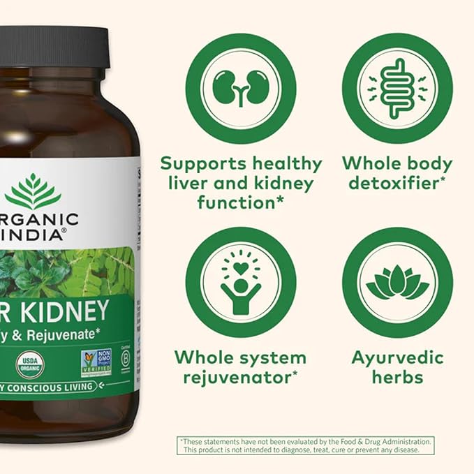 ORGANIC INDIA Liver and Kidney Cleanse Detox Repair - Herbal Supplement - Cleanse & Rejuvenate, Supports Healthy Liver & Kidney Function, Vegan, USDA Certified Organic, Non-GMO - 180 Capsules