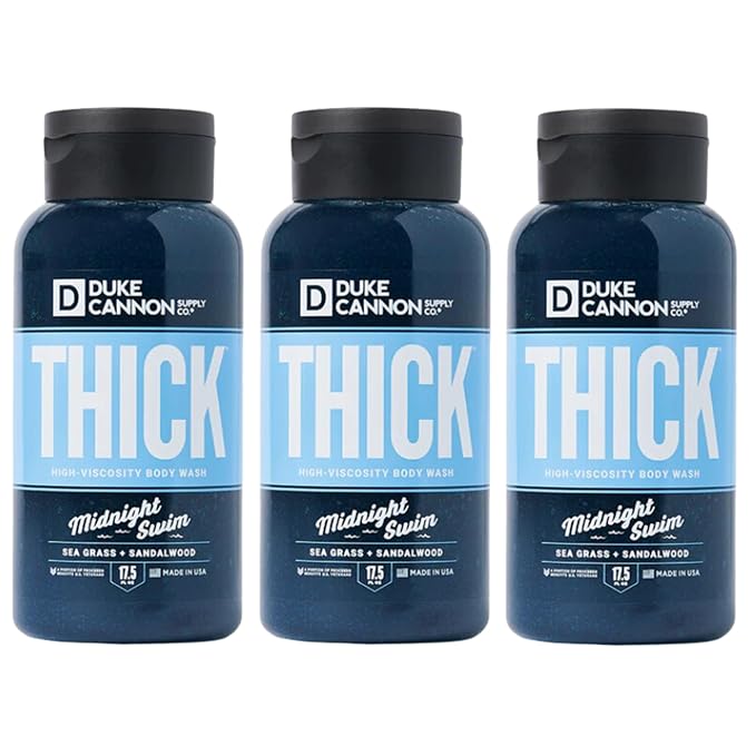 Duke Cannon Midnight Swim Body Wash - Thick High Viscosity Men's Body Wash, Exfoliating and Moisturizing Formula, Sea Grass and Sandalwood Scents, 17.5 oz (3 Pack)