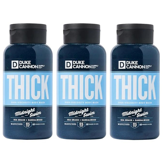 Duke Cannon Midnight Swim Body Wash - Thick High Viscosity Men's Body Wash, Exfoliating and Moisturizing Formula, Sea Grass and Sandalwood Scents, 17.5 oz (3 Pack)