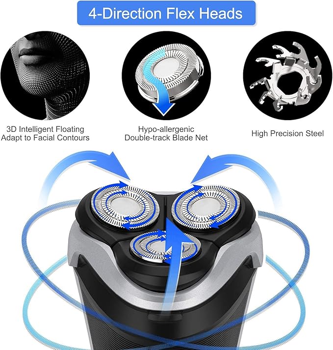 MAX-T Men's Electric Shaver - Corded and Cordless Rechargeable 3D Rotary Shaver Razor for Men with Pop-up Sideburn Trimmer Wet and Dry Painless 100-240V Black (Metal Black)