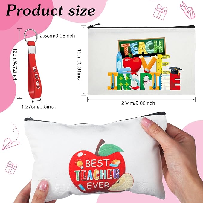Capoda 56 Pcs Teacher Appreciation Gifts in Bulk 28 Inspirational Flax Cosmetic Bags for Women 28 Motivational Quote Keychains Thank You Gifts for Teacher's Day Graduation Back to School(White)