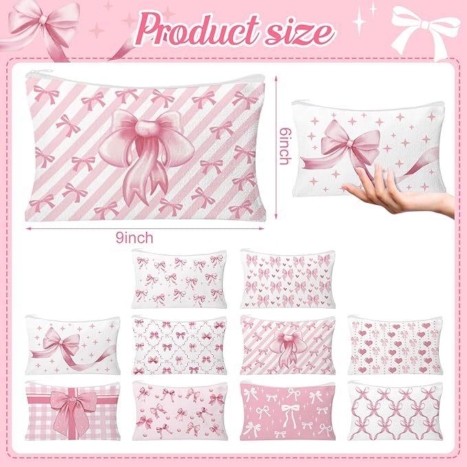 30pcs Pink Bow Makeup Bag Coquette Cosmetic Bags for Women Elegant Bow Preppy Pink Pouch Travel Toiletry Bag Bow Themed Gifts for Women Teens Teen Girls