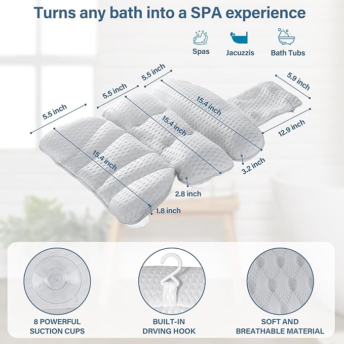 Bath Pillow Bathtub Pillow for Tub Luxury Bath Tub Pillows for Tub Neck and Back Support with 4D Air Mesh Fabric and 8 Strong Powerfull Non-Slip Suction Cups Relaxing Bath Accessories Spa Gifts, White