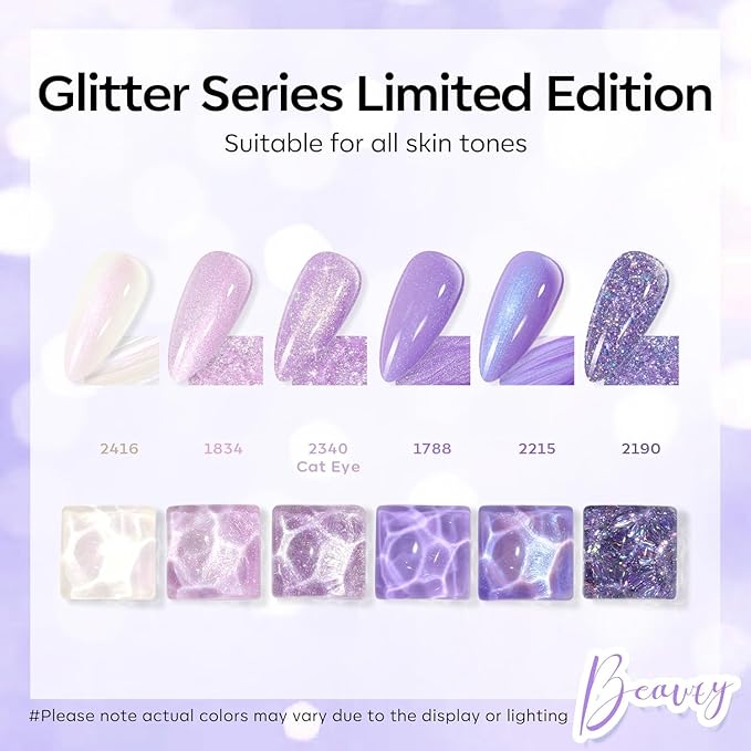 Modelones Purple Glitter Gel Nail Polish Set, 6 Colors Shimmer Violet Mermaid Gel Nail Cat Eye Sparkle Soak Off Led Nail Polish for Women Girl DIY Nail Art Gift
