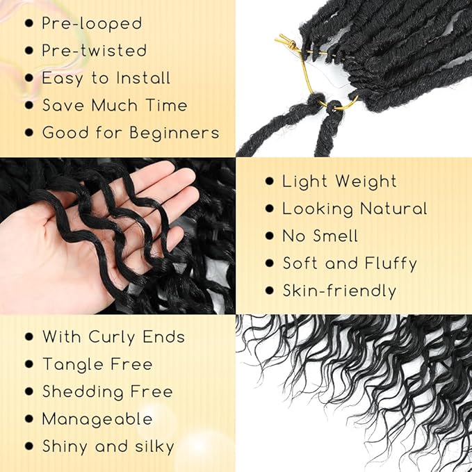 24 Inch Deep Faux Locs Crochet Hair Goddess Locs Crochet Hair for Women Faux Locs Crochet with Curly Ends Pre Looped Deep Wave Soft Locs Synthetic Hair Extension 8 Packs Black Color