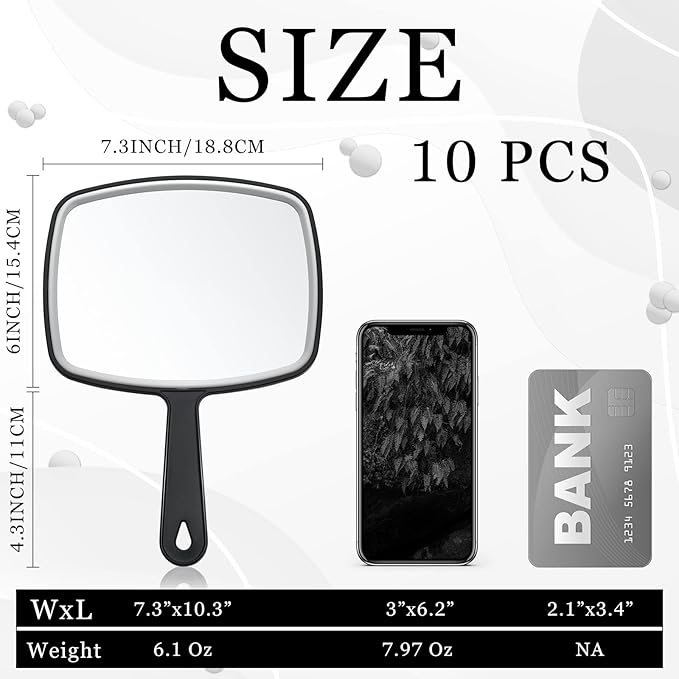Qunclay 10 Pcs Large Hand Mirror Handheld Mirror with Handle Multi Purpose Barber Mirror with Distortion Free Reflection for Vanity Makeup Salon Travel Use (Black, 7.3'' W x 10.3'' L)