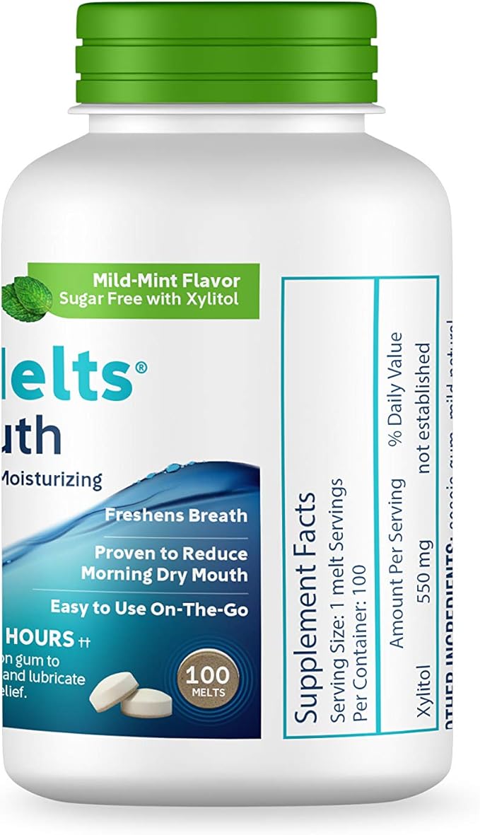 Oracoat XyliMelts for Dry Mouth Night Time or Day - Moisturizing Dry Mouth Adhering Discs, Sugar Free with Xylitol, 100 Count, Mild Mint Flavor, 8-Hour Relief