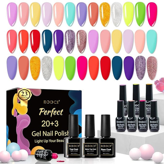 Gel Polish Nail Set 20 Colors with 3Pcs Glossy & Matte Top Coat and Base Coat, Hot Pink Yellow Jelly Neon Red Glitter Pink Black Sparkle Glitters Colorful Gel Polish Set For Valentine's Gifts