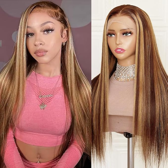 Azkiu 30Inch Highlight Ombre Lace Front Wig Human Hair Pre Plucked 13x4 HD Transparent 4/27 Honey Blonde lace frontal Wigs with Baby Hair 180% Density Colored Straight Lace Front wig Human Hair