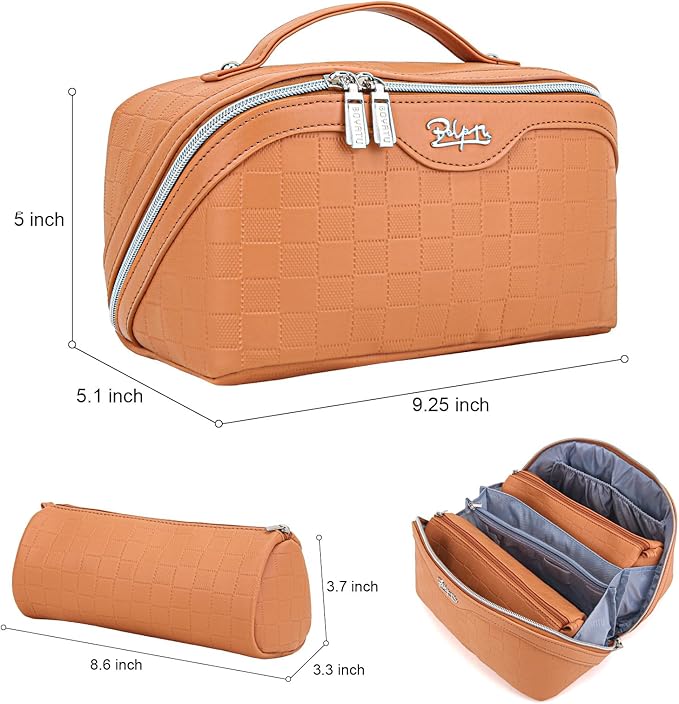 BOYATU Travel Makeup Bag Organizer Cosmetic Bag: 3 Pcs Set Make up Bags for Women with Handle - Waterproof Vegan Leather Toiletry Bags with Comparments (Orange)