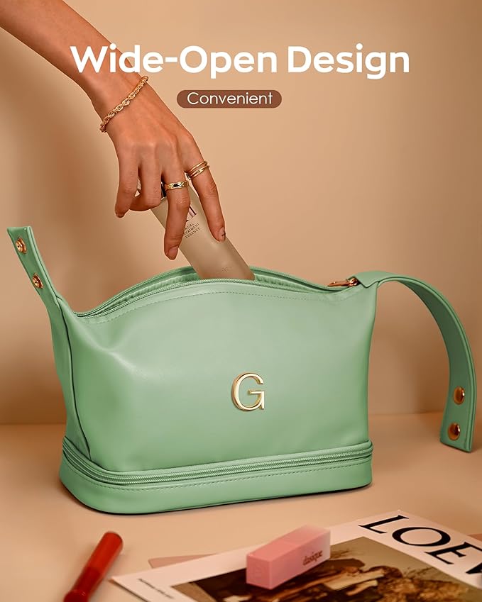 Gifts for 9 10 11 12 13 14 15 16 17 18 19 Year Old Girls, Travel Makeup Bag with Handle, Initial Double Layer Cosmetic Bag with Makeup Brush Organizer, Gifts for Friends Female Mom