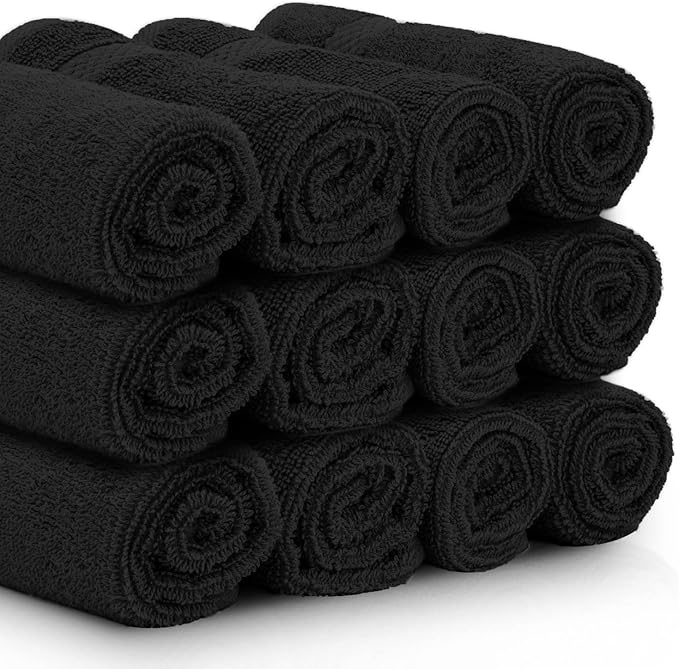 White Classic Luxury Cotton Washcloths Set 12 Pack - Hotel Quality Cleansing Face Towels Set, Black Small Bathroom Hand Towels | 12 Pack | Black