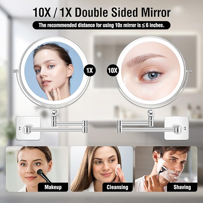 360° Rotation Adjustable 10x Large Wall Mounted Makeup Mirrror, Height Adjustable Lighted Mirror, 8" Double Sided Mirror, 1X/10X Magnifying Bathroom Mirror, Detachable Ring, 3 Color Lights