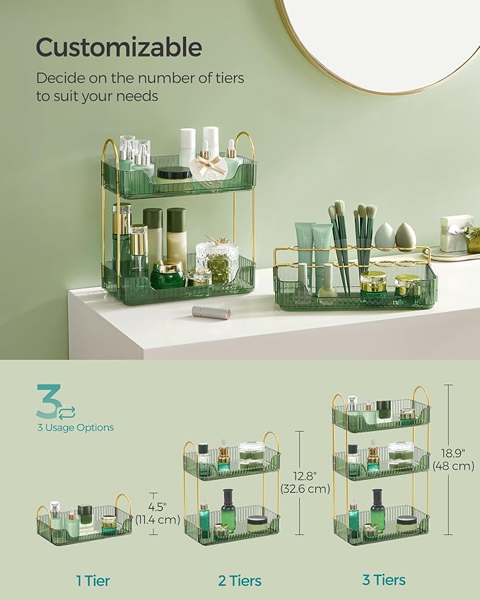 SONGMICS Makeup Organizer, 3-Tier Skincare Organizer Countertop, Customizable, 2 Types of Accessories, Jewelry Holder, for Vanity, Bedroom, Bathroom, Pale Green UJKA013C01