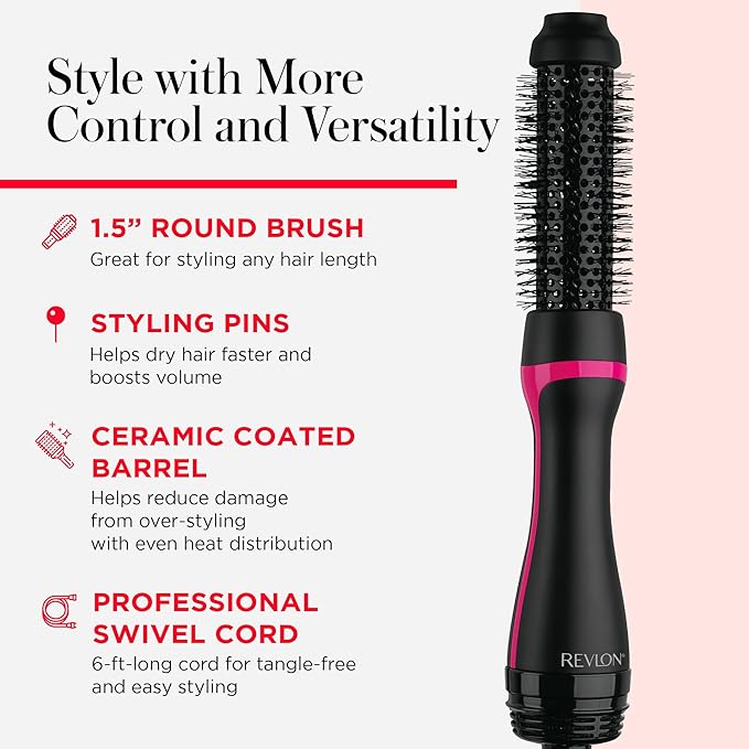 REVLON One-Step Hair Dryer and Styler - Root Booster Round Brush for Styling, Dryer Brush for Fast and Easy Salon-Quality Blowout, More Shine and Less Frizz (1-1/2 in)