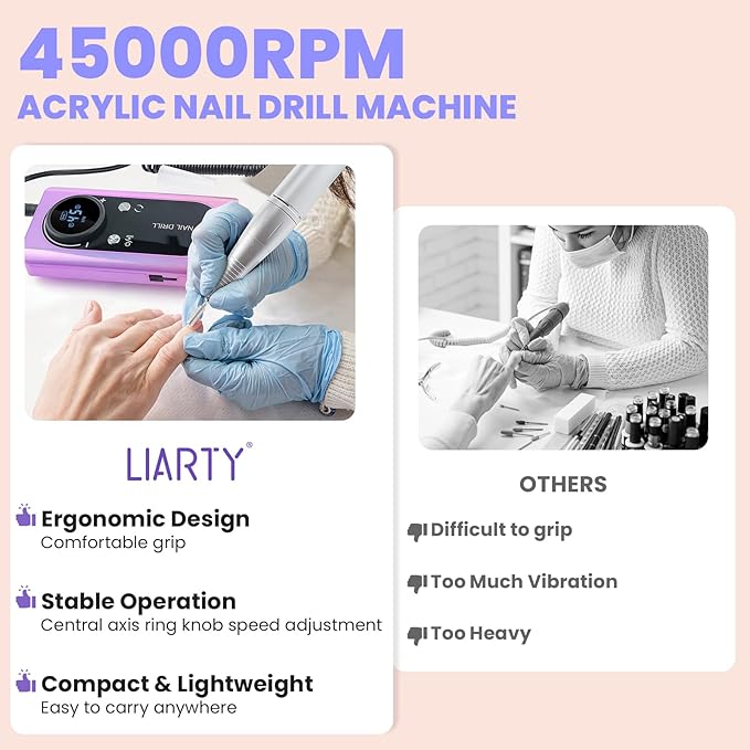 45000 RPM Nail Drill Machine Cordless, Rechargeable Electric Nail File Machine Professional Drill Tools for Acrylic Nails Gel Salon Manicure Pedicure