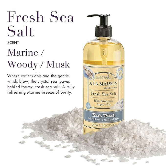 A LA MAISON French Hydrating Liquid Body Wash, Fresh Sea Salt - Natural Body Wash Made with Essential Oils - Biodegradable, Plant-Based, Vegan, Cruelty-Free, Alcohol & Paraben Free (25.36 oz, 2 Pack)