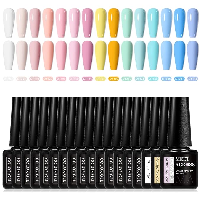 MEET ACROSS Pale Gel Nail Polish Set 18PCS Nude Gel Polish Kit 15 Colors Macaron Nail Polish Peach Pink Orange Blue Gel Polish Set Spring Summer Gifts for Women