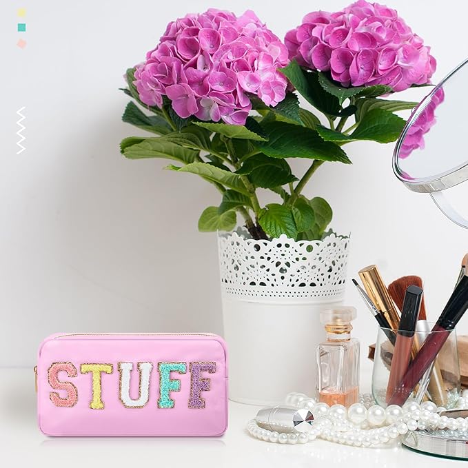 2 Pcs Preppy Chenille Letter Duffle Bag and Makeup Pouch, Travel Tote Bag Cosmetic Zipper Patch Makeup Bag (Pink)