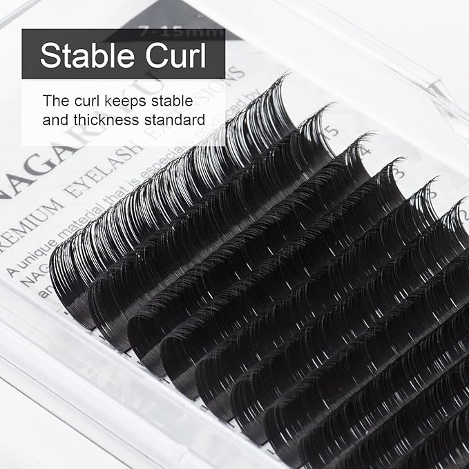 NAGARAKU Eyelash Extensions Individual Lashes 0.07 LC curl 7-15mm Mix Classic Faux Mink 16 rows Matte Black Soft Natural