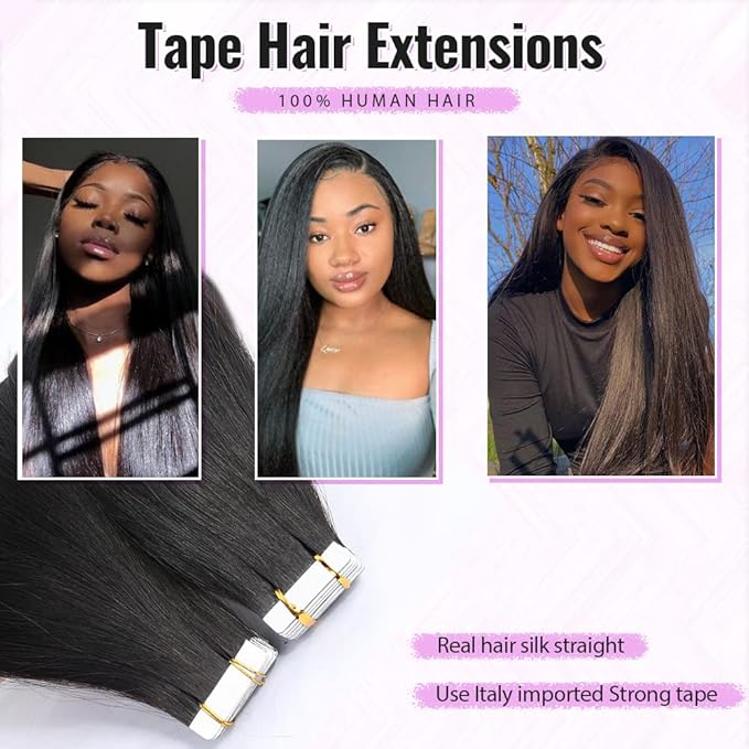 40Pcs 100G Tape in Hair Extensions Human Hair Yaki Straight Tape in Human Hair 20 Inches Seamless Skin Weft Invisible Double Sided Tape for Women 2Packs for Full Head Light Yaki Straight Tape On Hair