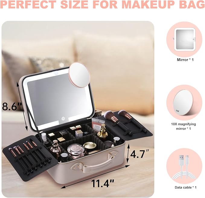 Mocado Travel Makeup Bag with LED Lighted Mirror,Makeup Case with 3 Color Lighted Setting and 10x Magnifying Mirror, Portable Storage and Adjustable Dividers (White with Hard Leather)