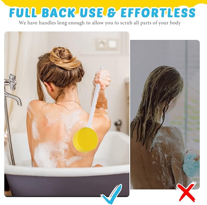 3 Pcs Long Handle Bath Sponge 22.4'' Back Sponge on a Stick Lightweight Back Washer Handled Butt Scrubber Shower Brush for Foot Body Cleaning Bathing Limited Motion, Yellow(Round Style)