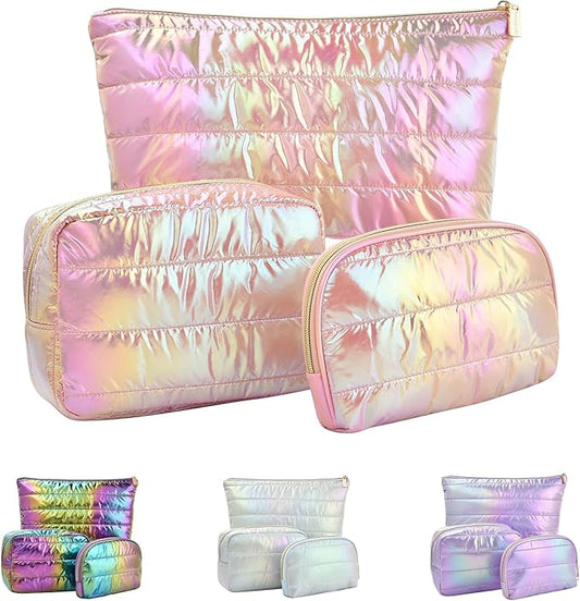 Hiroyuki 3pcs Iridescent Quilted Makeup Bag (plain, pink)