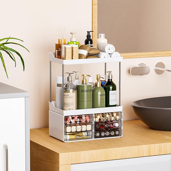 2 Pack Bathroom Organizers and Storage Countertop With 6 Drawers,Stackable Vanity Drawer Organizer,14.4" Tall Large Capacity Skin Care Organizer and Exquisite Cosmetic Storage Box,White