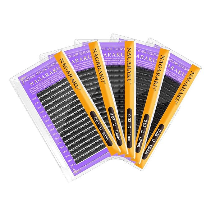 NAGARAKU 5 Trays Eyelash Extensions 0.03mm D 9/10/11/12/13mm in 1 pack Classic Individual Lashes Soft Natural Professional Faux Mink 16 rows