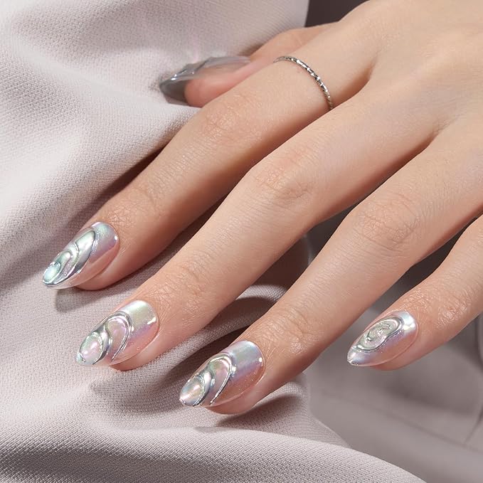 VSALON Short Almond Press-On Nails - Silver Cat Eye Chrome 3D Design, Reusable Fake Nails with Nail Glue, Protector Cuticle Oil, Adhesive Tabs & Mini Nail File - 32 PCS in 16 Sizes (Seagull Dance)