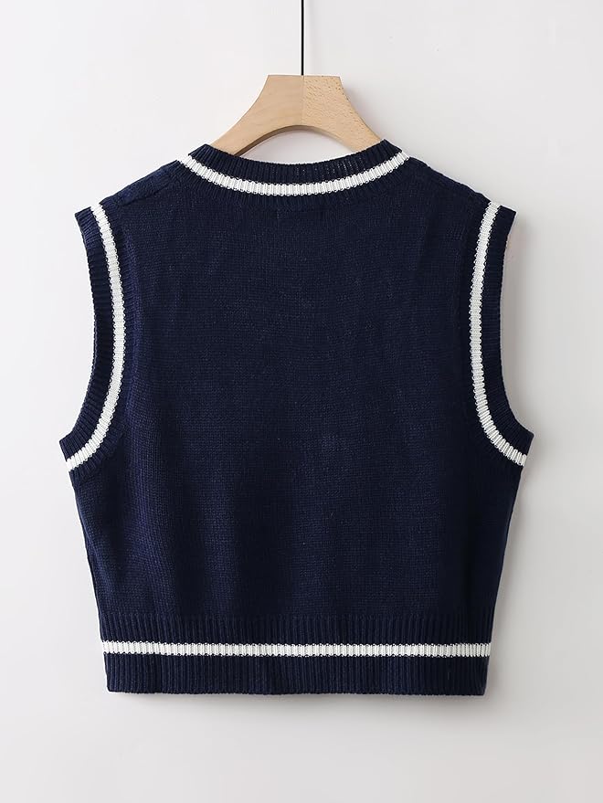 Floerns Women's V Neck Letter Striped Trim Sleeveless Sweater Vest Knit Top