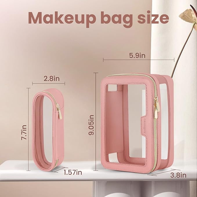 Clear Makeup Bag, Travel Clear Cosmetic Bag and Makeup Brush Bag, Transparent Portable Makeup Case, Waterproof Toiletry Bag with Zipper for Women, Pink